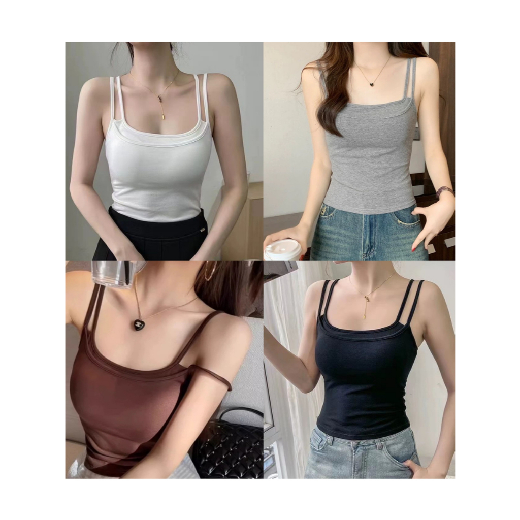 เสื้อสายเดี่ยว ดีเทลแต่งสาย 2in1 มีบราในตัวสำหรับผู้หญิง