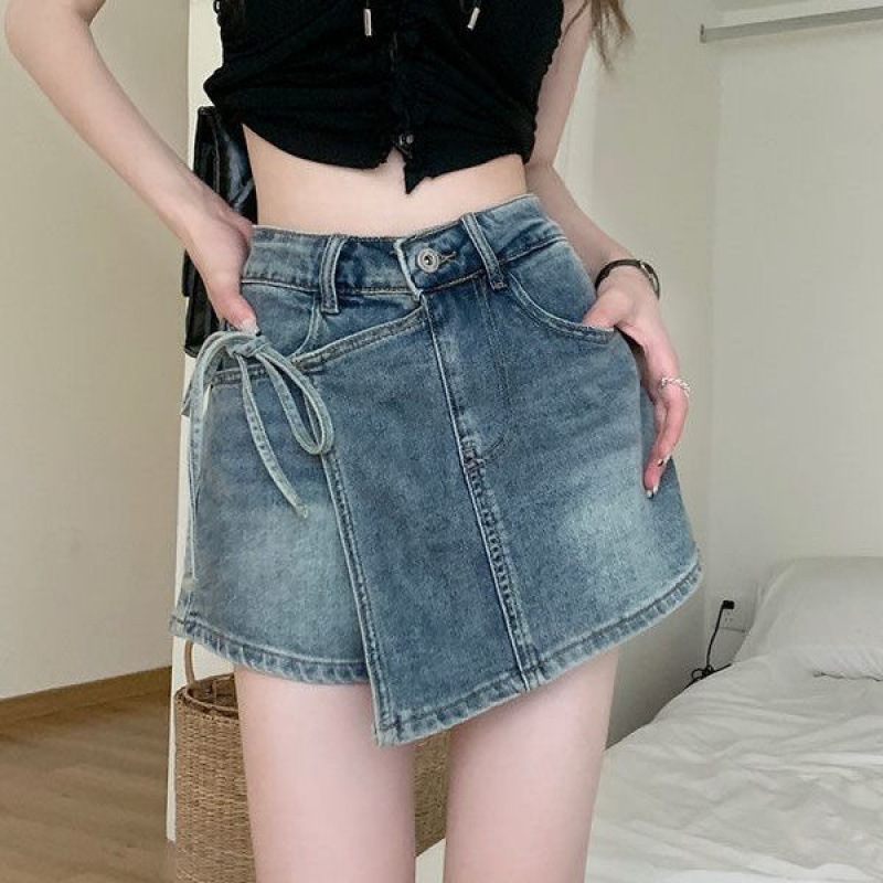 NEWSIZE/S-8XL กระโปรงกางเกงยีนส์ สีฟ้า ตกแต่งผูกโบว์ ดีไซน์น่ารักเกร๋ - รูปที่ 4