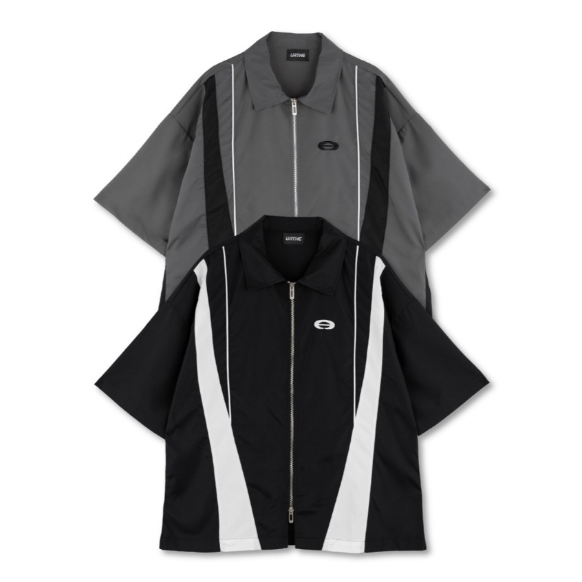 URTHE - เสื้อเชิ้ต แขนสั้น ผ้าร่ม OVERSIZE ปักโลโก้ รุ่น SH ZIP 2.0