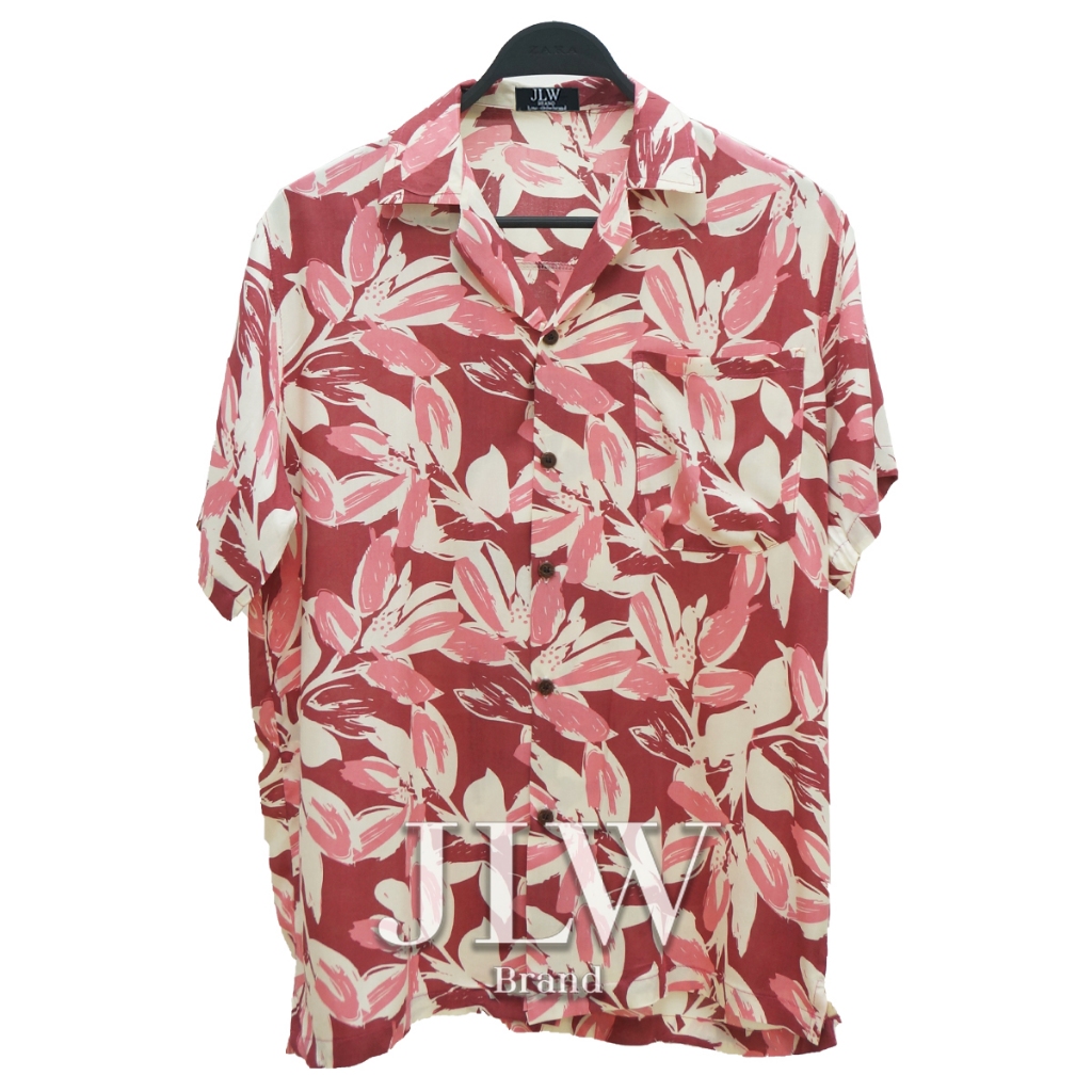 เสื้อฮาวาย ลายใบล้วน ชมพู ผ้านิ่ม M L XL Oversize คอฮาวาย JLW BRAND
