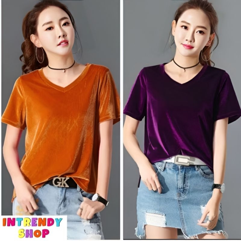 พร้อมส่ง.เสื้อยืดกํามะหยี่คอวี เสื้อกํามะหยี่ผู้หญิง เนื้อผ้าเกรดพรีเมี่ยม ไซส์ M - 3XL.