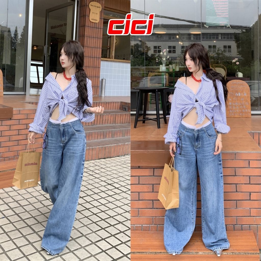 Cici (NO.723) กางเกงยีนส์ขายาวทรงกระบอก ขอบพับแต่งรุ่ย ทรงสวย