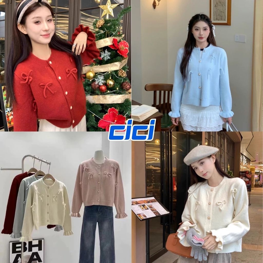 ส่งทันที Cici (NO. A2162) เสื้อแขนยาวไหมพรมลูกคุณ แต่งโบว์ 3 มิติ กระดุมมุก แขนระบาย สีสวยสดใส