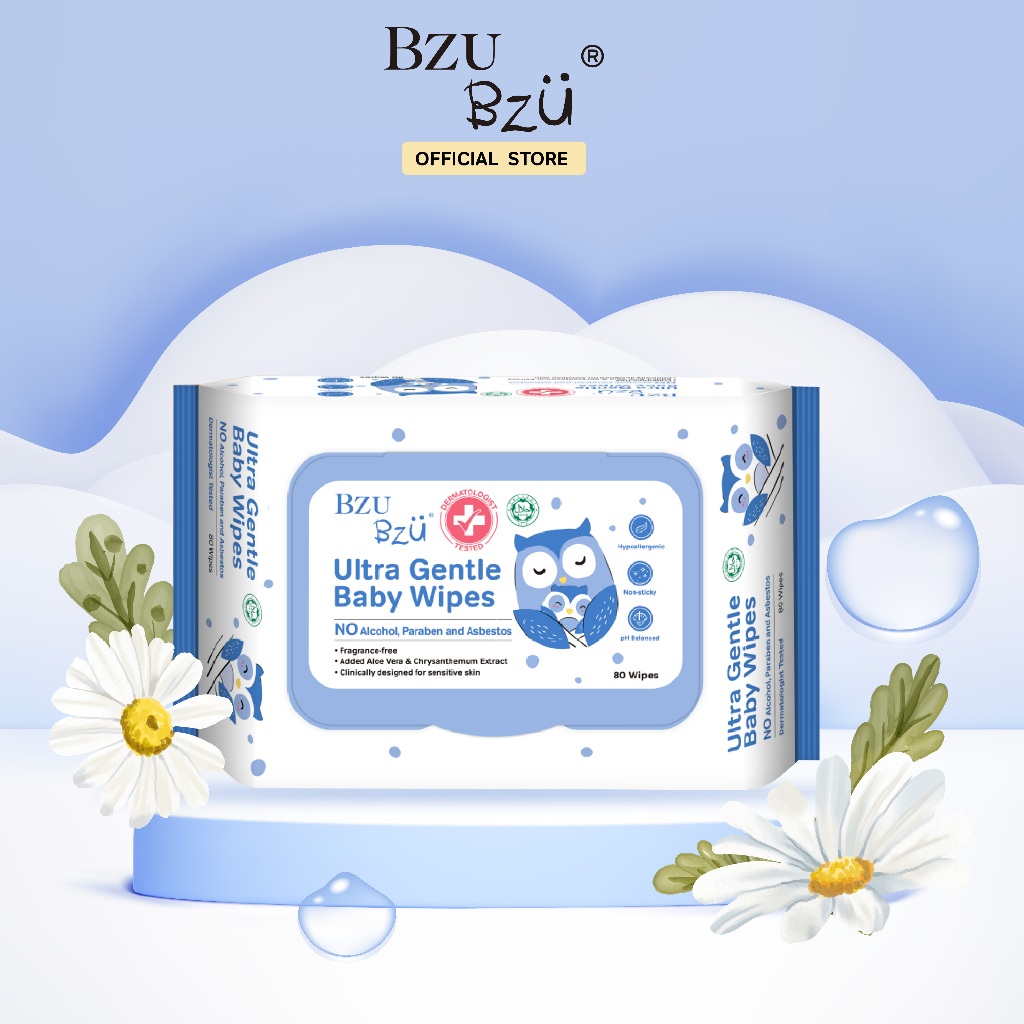 [80แผ่น x1ซอง] BZU BZU Ultra Gentle Baby Wipes บีซูบีซู ทิชชู่เปียก เช็ดปากเด็กทารกได้ สูตรอ่อนโยนพิเศษ น้ำบริสุทธิ์ 99%