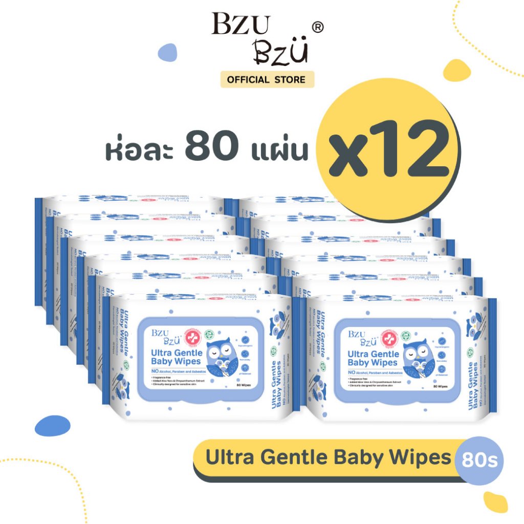 [80แผ่น x12ซอง] BZU BZU Ultra Gentle Baby Wipes บีซูบีซู ทิชชู่เปียก เช็ดปากเด็กทารกได้ สูตรอ่อนโยนพิเศษ น้ำบริสุทธิ์99%