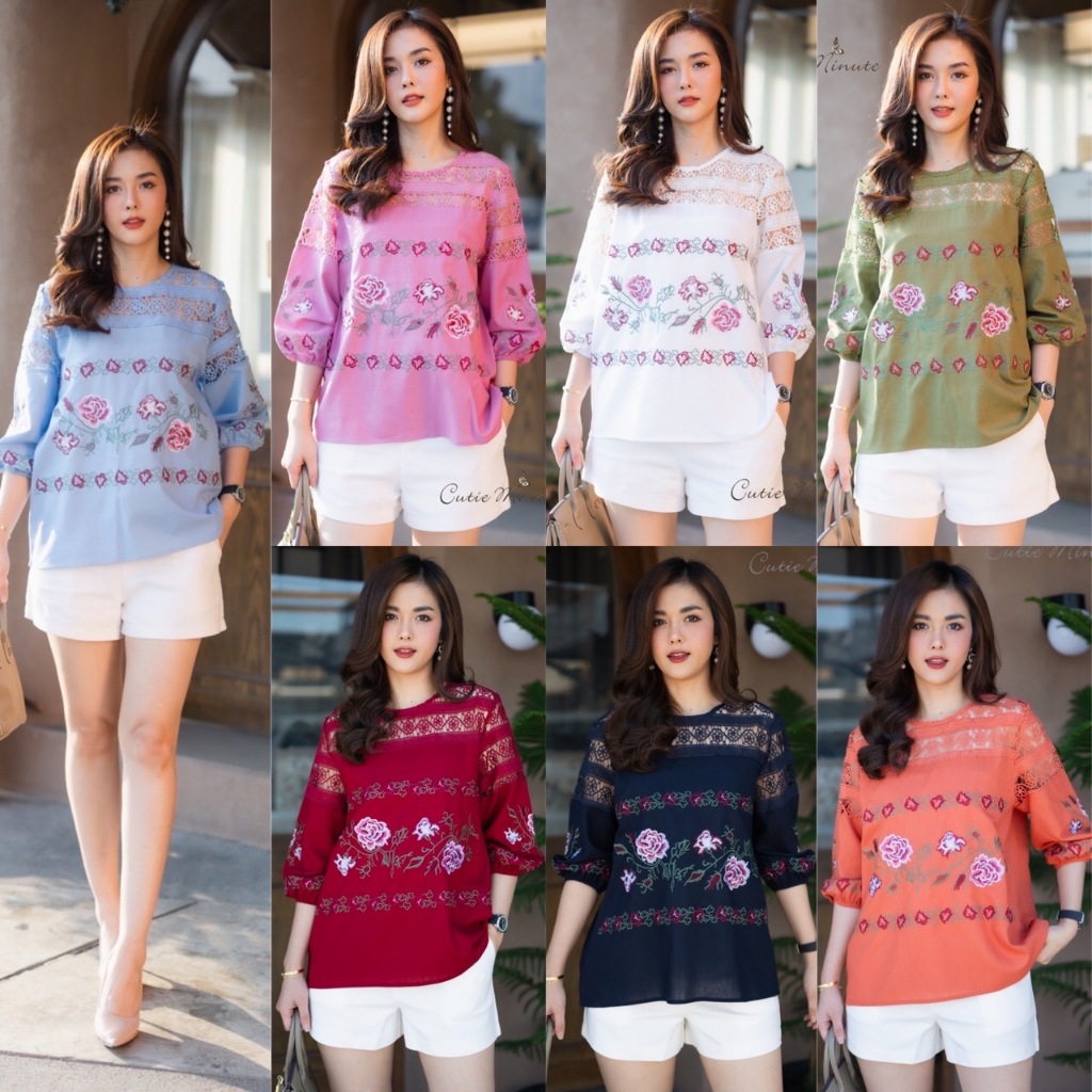 Cutie Minute อก ฟรีไซส์ 44" เสื้อลินินผสมผ้าฝ้ายเกรดพรีเมี่ยม เนื้อผ้าขึ้นลายดีเทลงานแต่งด้วยผ้าลูกไม้สวยงาม