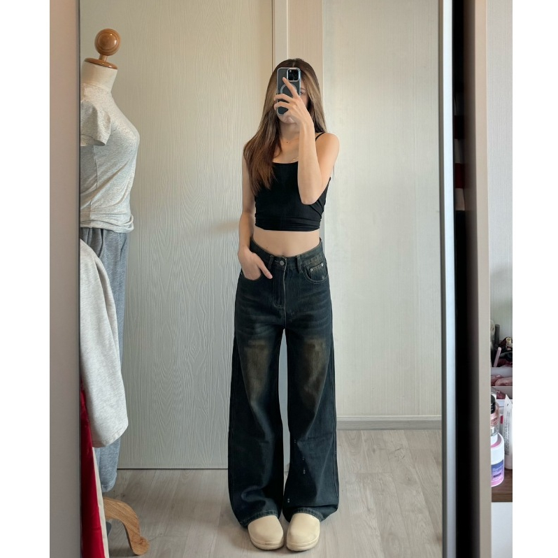 921 Baggy Jeans กางเกงยีนส์ กระบอกใหญ่ เอวสูง ผ้ายีนส์ ไม่ยืด สีสนิมพร้อมส่ง (ป้ายหนัง)