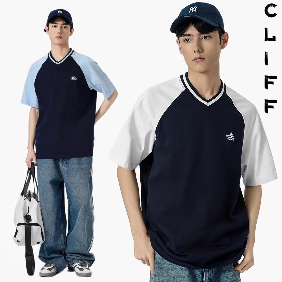 CLIFF เสื้อยืดผู้ชาย เสื้อคอวี แขนสั้นสำหรับผู้หญิง ชุดคู่รัก สีผสม แบบหลวม ลำลอง