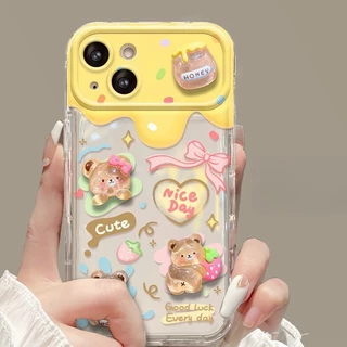 สำหรับ iPhone 11 15 14 13 12 Pro MAX 7 8 14 Plus XS MAX หมีสีชมพูหวานน้อยพลิกกรณีโทรศัพท์ กันกระแทกและ กันกระแทก เคส