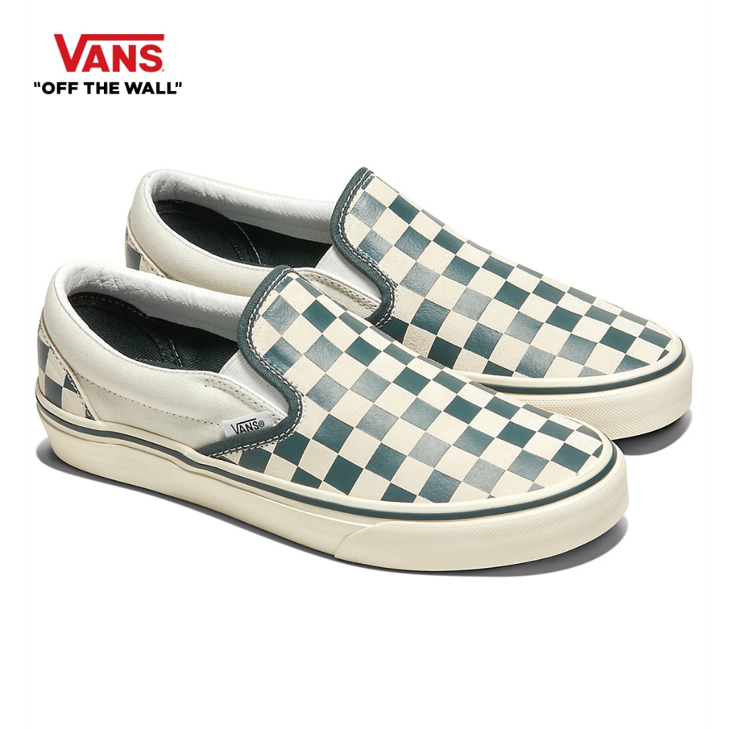 VANS CLASSIC SLIP-ON - CHECKERBOARD GREEN/TRUE WHITE รองเท้าผ้าใบ หญิง ชาย