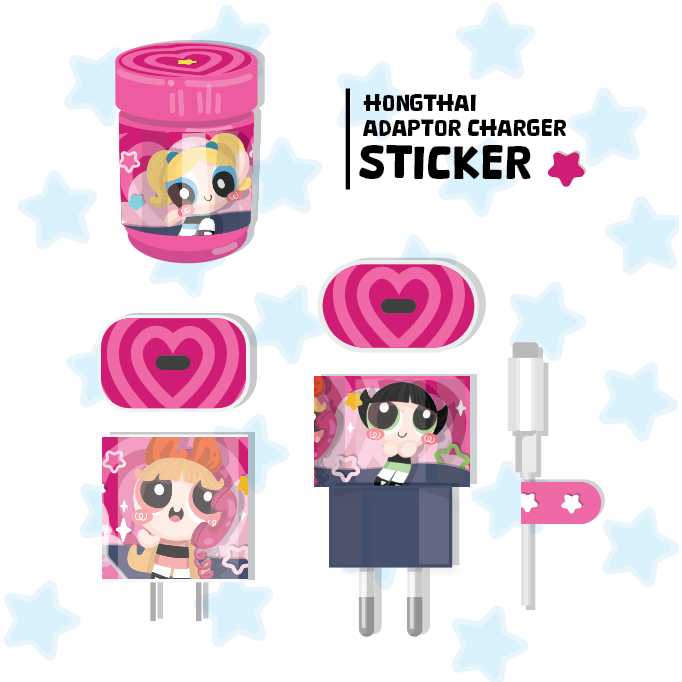 powerpuff girls : สติกเกอร์ติดหัวชาร์จ Charger type C / สติกเกอร์ ขวดยาดมหงส์ไทย (25 g.) พาวเวอร์พัฟ