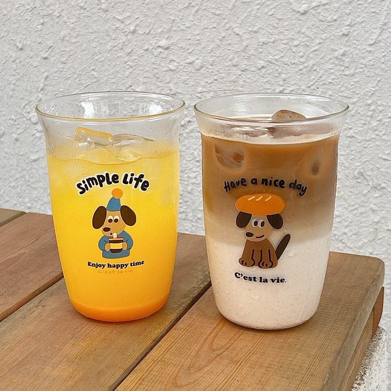 แก้วน้ำ แก้วน้ำทรงสูง ลายน้องหมาน่ารักๆ มี 2 ลายให้เลือกค่า Simple Life & Have a nice day แก้วเกาหลีสไตล์คาเฟ่