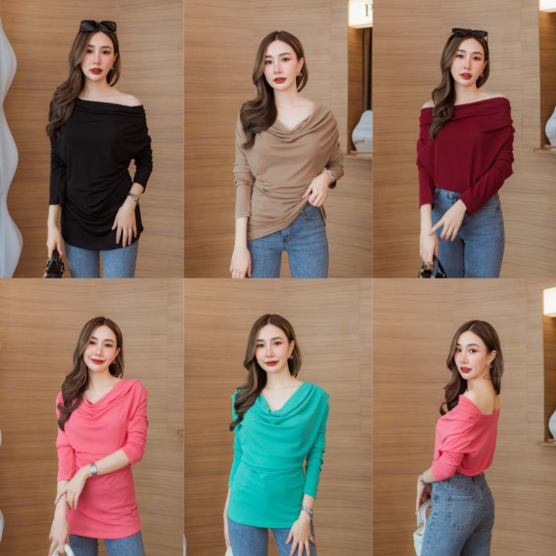 เสื้อคอถ่วงแขนยาว เนื้อผ้าสลาฟเกาหลีเนื้อดี มีความยืดหยุ่น นิ่ม เด้งใส่สบายระบายอากาศแถมยังซักง่ายไม่ต้องรีด
