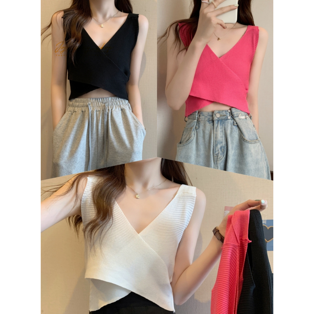 เสื้อถักไหมพรม แฟชั่น สายเดี่ยว คอวี ไขว้หน้าอก สไตล์เกาหลี สำหรับผู้หญิง SJGJCWXBX