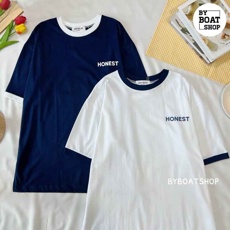 พร้อมส่ง เสื้อยืดแขนกุ้นทรง oversize สกรีนลาย HONEST (ผ้าคอตตอน ใส่ได้ทั้งชาย-หญิง)