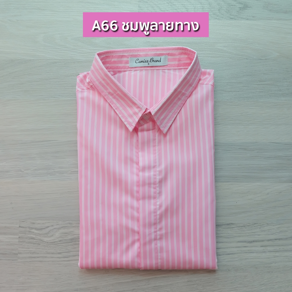 (A66 ชมพูลายทาง-รุ่นซ่อนกระดุม) ผ้าCottonคุณภาพดี เสื้อทำงาน เสื้อใส่เที่ยว