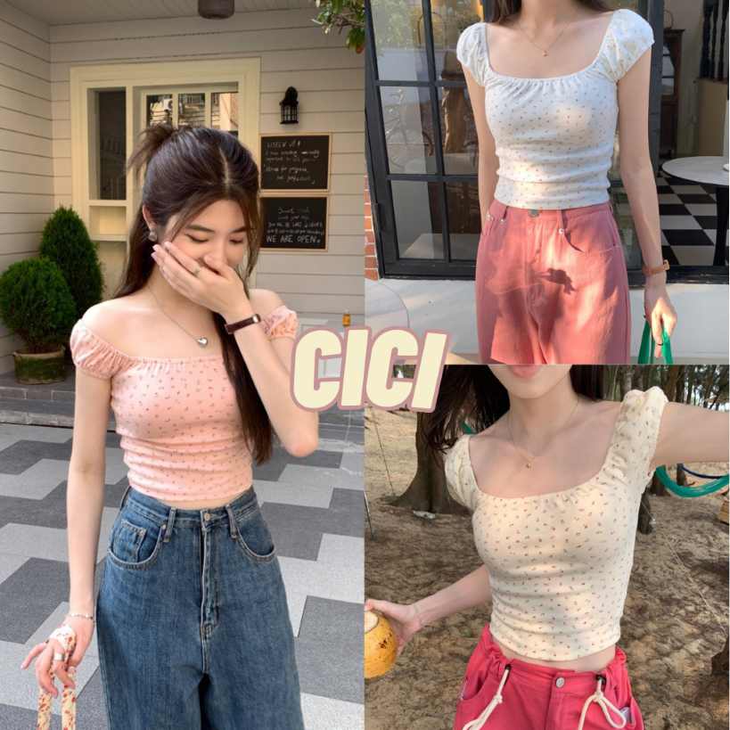 ส่งทันที Cici (NO. 93211) เสื้อครอปแขนล้ำคอยูดีเทลแขนจ้ำลายดอกไม้ทรงสลิมสไตล์เกาหลี