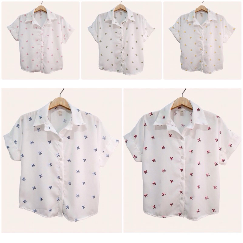 (อก 42”) เสื้อเชิ้ต เเขนสั้น ผ่าหน้า ลายโบว์เล็ก ผ้าสลาฟ ใส่สบาย