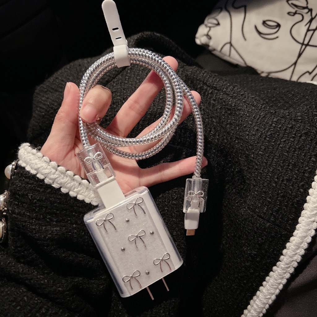 【 มาใหม่ โบว์เงิน 】เคสสายชาร์จ สำหรับ ออปโป oppo 33w สายชาร์จ ลายการ์ตูนน่ารัก Cable Bite vivo44W oppo80W oppo67w