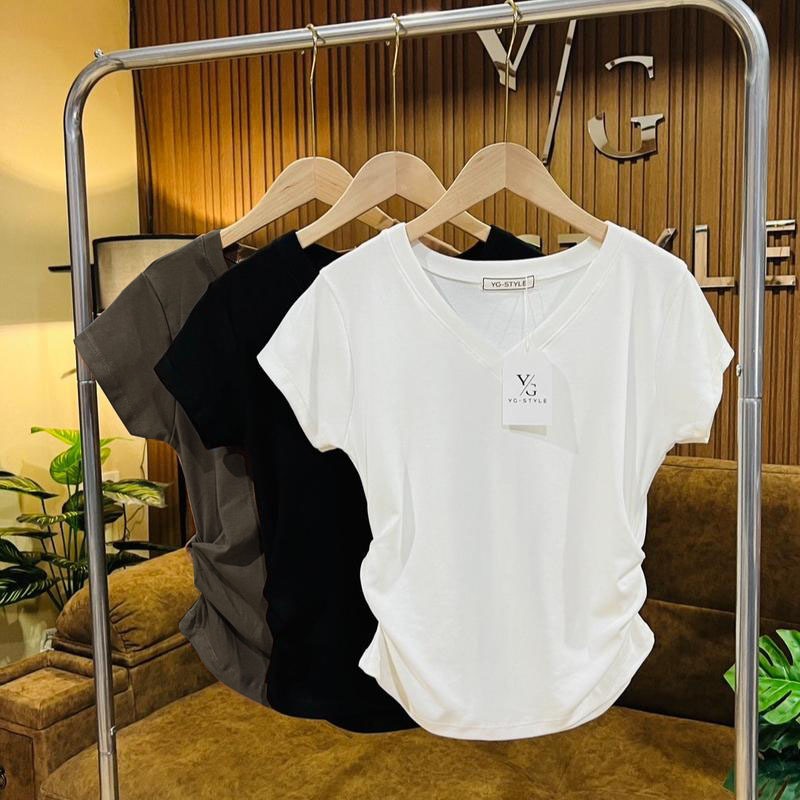 M-3XL มีหลายไซซ์ให้เลือก🌈เสื้อคอวีจั้มข้าง เสื้อยืดใส่แล้วเข้ารูปพรางหุ่น Clothing Tshirt ผู้หญิง