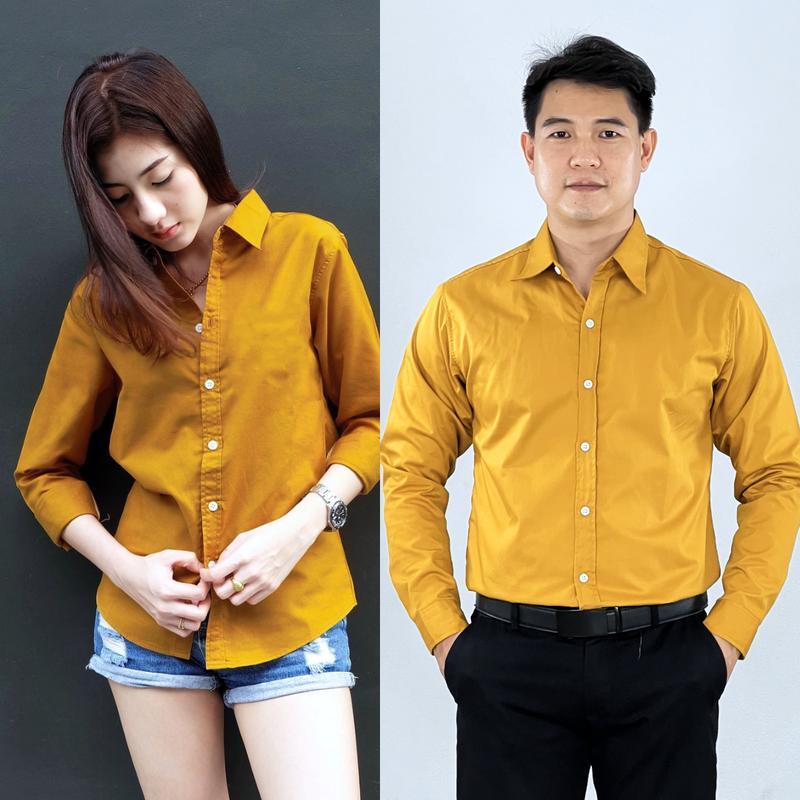 takayay brand เสื้อเชิ้ต สีมัสตาร์ดพื้นเบสิค 36-54 นิ้ว เสื้อเชิ้ตสีเหลือง ผ้าคอตตอนทวิล