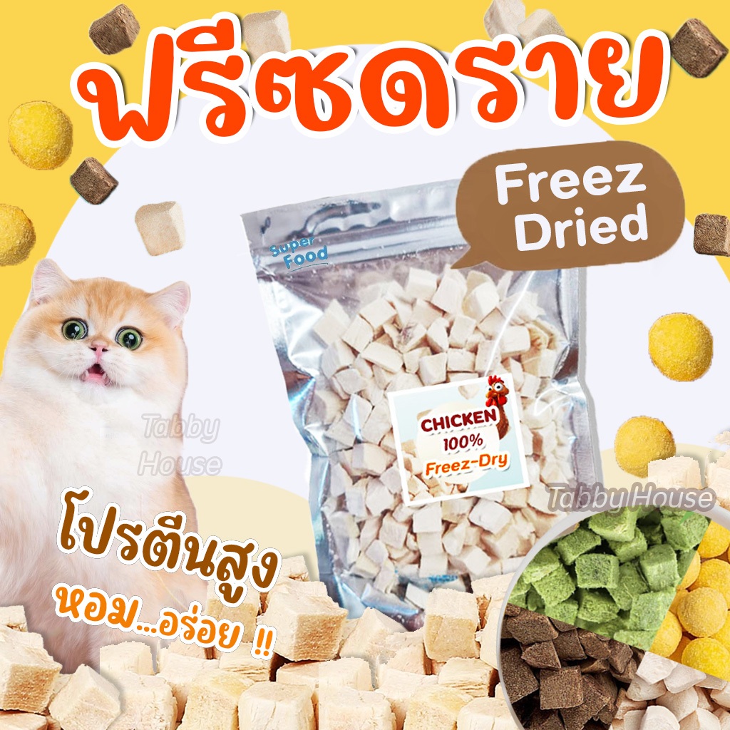 ขนมฟรีซดราย ทำจากเนื้อสัตว์แท้ สดใหม่100% ขนมแมวฟรีซดราย เกรดอาหารคน ดีต่อสุขภาพ บำรุงขน ไม่เค็ม