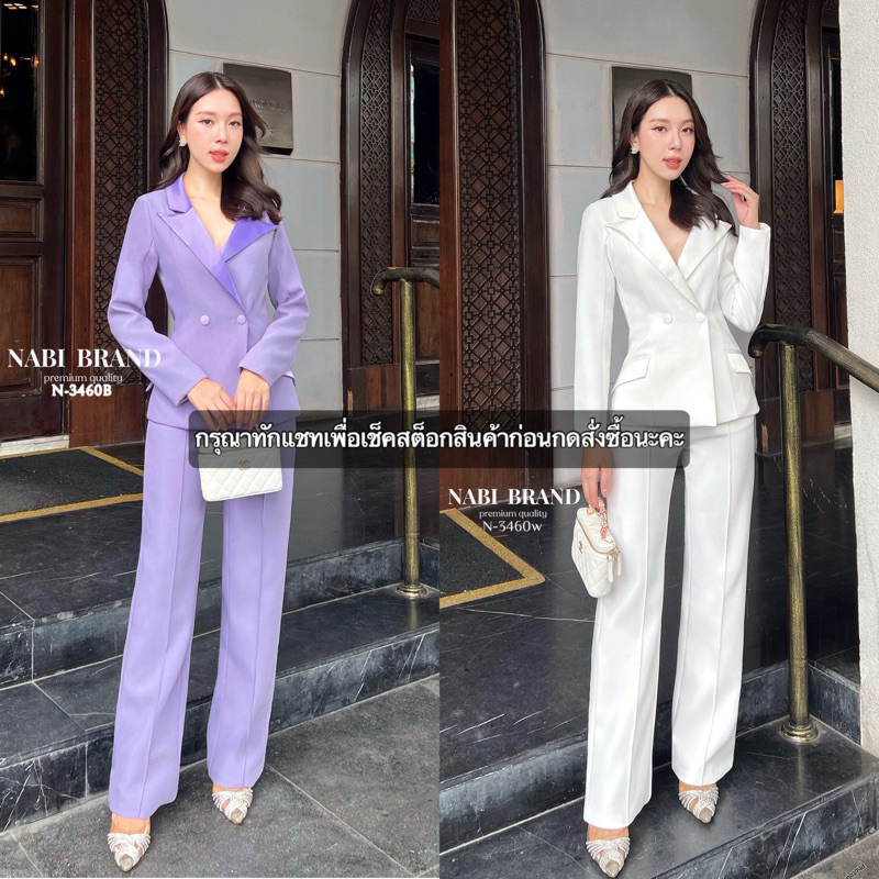 งานป้าย NABI เซตขายาว เสื้อสูทคอปกผ้าเงาแขนยาวกระดุมหน้าแต่งกระเป๋าเงา กางเกงขายาวทรงสวยเรียบหรู
