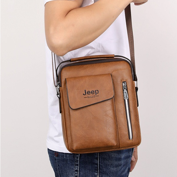 กระเป๋าสะพายผู้ชาย Jeep กระเป๋าหนังวินเทจ ลายหนังมีซิป ทรงเมสเซนเจอร์ ถูกสุด ส่งไวในไทย