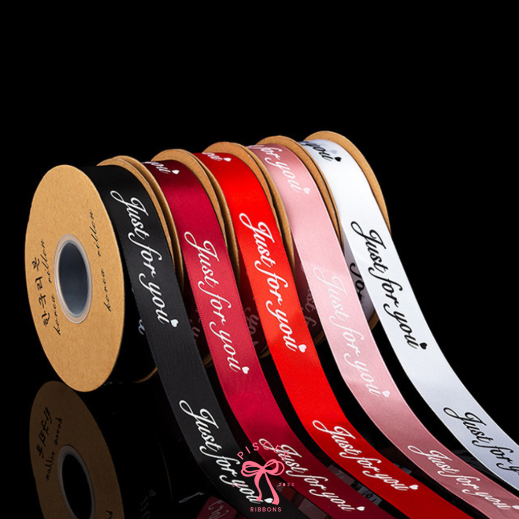 3 หลา * ริบบิ้นผ้าซาตินสกรีนลายสีทอง JUST FOR YOU ขนาด 2.5 cm ผูกของขวัญวันเกิด