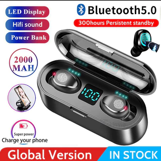 หูฟัง TWS F9 หูฟังบลูทูธ V5.0 เสียงสเตอริโอ 9D ไฮไฟ หูฟังไร้สายควบคุมแบบสัมผัส จอแสดงผล LED พร้อมพาวเวอร์แบงค์ 2000mAh
