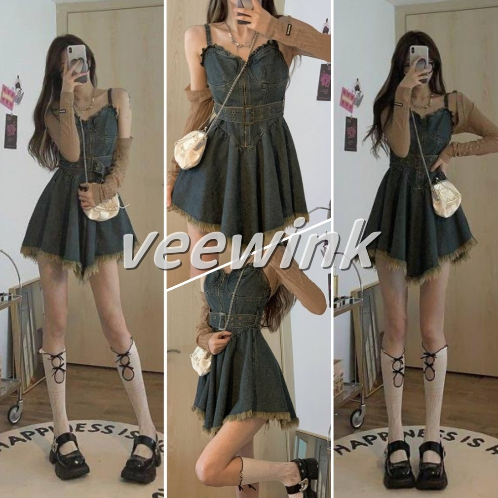 Veewink พร้อมส่งจากกทม ชุดยีนส์เข้ารูป เดรสยีนส์ DRESS เดรส เดรสสั้นคอวีแฟชั่นสไตล์เกาหลีมินิมอลน่ารัก