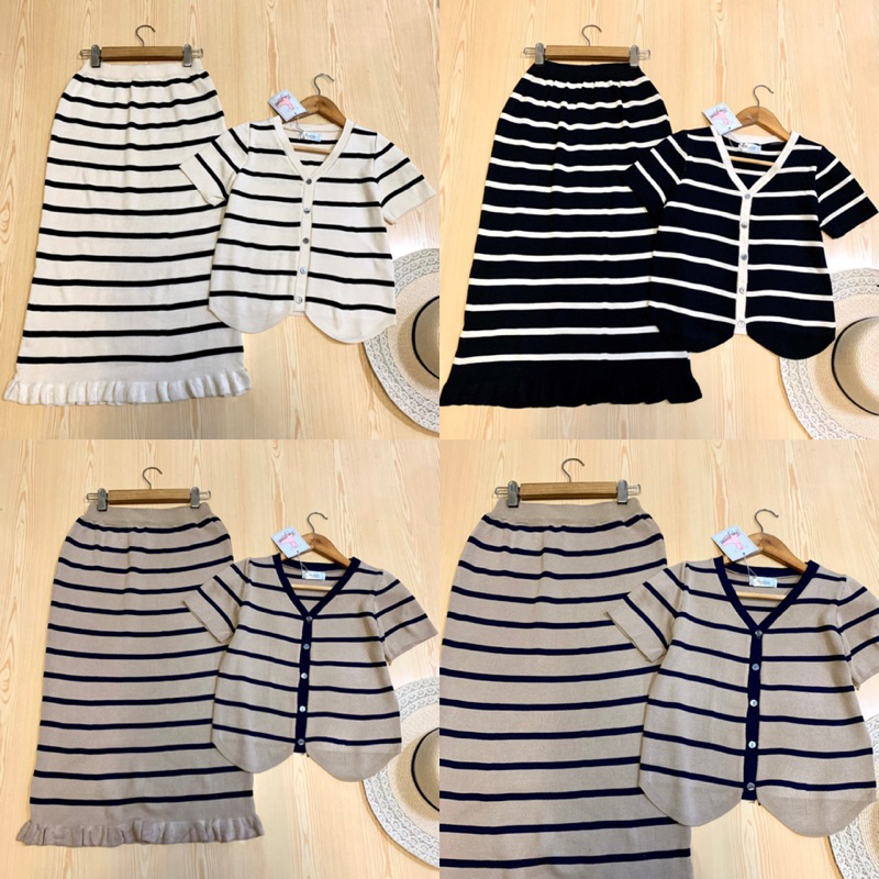 LILY รวมเซ็ต 2 ชิ้น[เสื้อ+กระโปรง]ผ้าไหมพรมพิมพ์ลายริ้ว เนื้อดีมากค่า ผ้ายืดหยุ่นได้เยอะไม่ย้วย งานป้ายสวยตรงปก