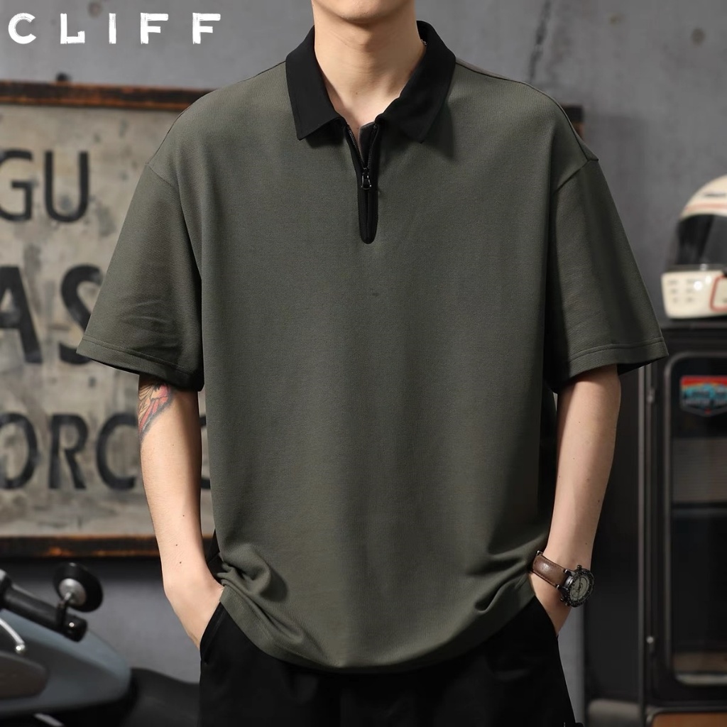 CLIFF เสื้อโปโลผู้ชาย ซิป สีผสม แบบหลวม แมทช์ลุคง่าย แขนสั้นคอปก เหมาะสำหรับธุรกิจลำลอง ราคา ถูกที่สุด ดีลบีเคเค แกลเลอรีภาพที่ 4