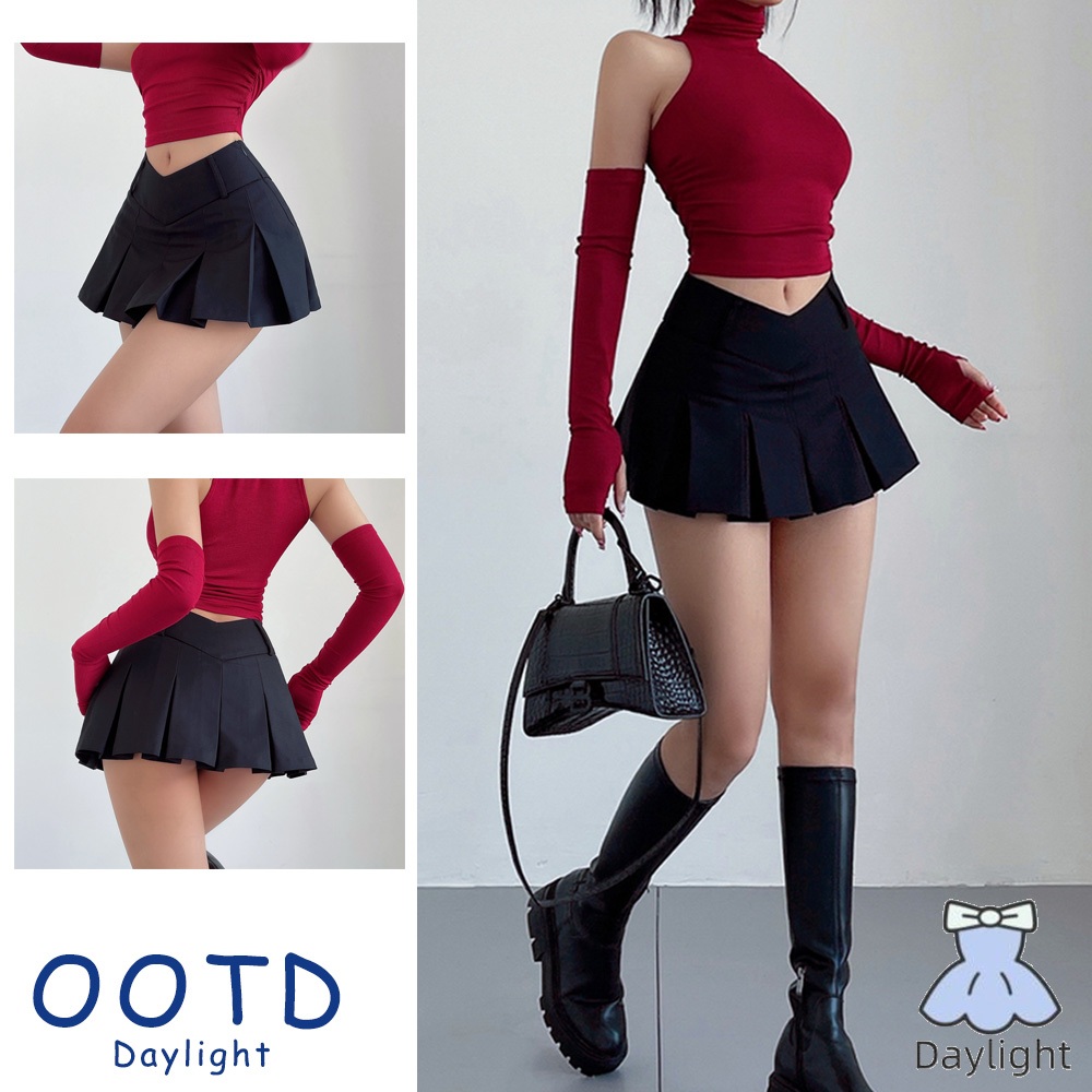 กระโปรงจีบสไตล์กระโหลกกระโปรงเซ็กซี่ผู้หญิง A-Line เอวสูงกระโปรงสั้น DL