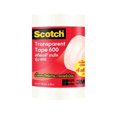 SCOTCH เทปใส 600 แกน 1 นิ้ว ขนาด 3/4 นิ้ว x 25 หลา (แพ็ค 4 แถม 1 ม้วน)