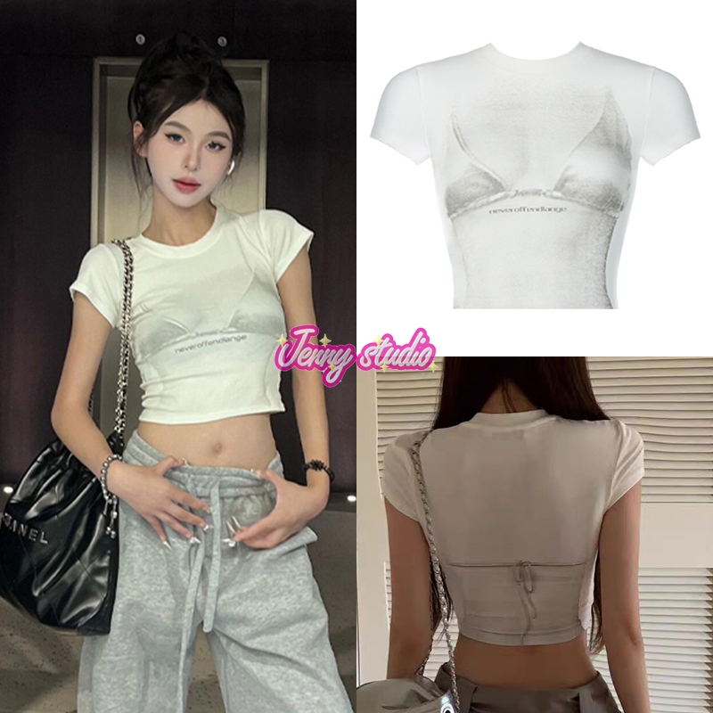 Jenny พร้อมส่ง เสื้อยืดทรงครอป คอกลม แขนสั้น ผ้าดีมาก พิมพ์ลายบรา ทั้งด้านหน้า-หลัง เซ็กซี่เบาๆ ไฮโซสำหรับผู้หญิง