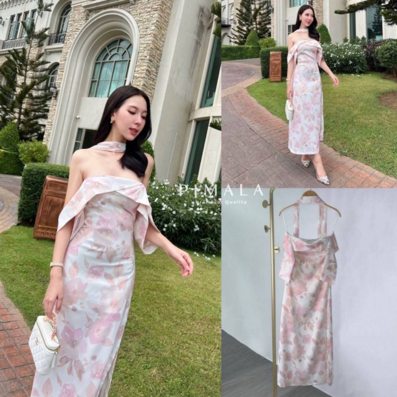 Pimala เดรสยาวเปิดแขนทรงสวยดูแพงมากก มีสายที่คอสวยหรู ลายสวยหวาน