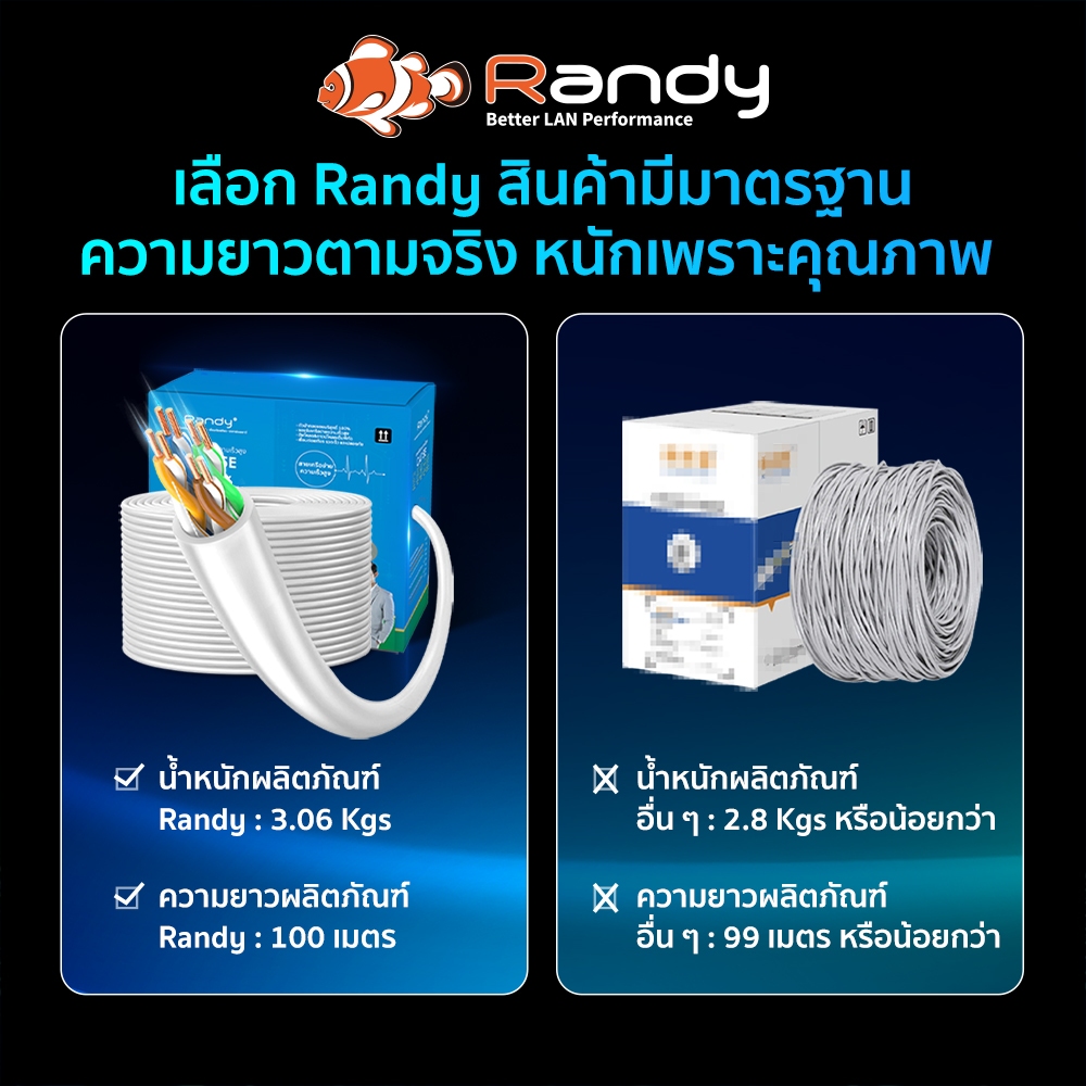 RANDY [CAT5E-100] สายเคเบิลอีเธอร์เน็ต ความเร็วสูง รองรับ 100Mbps -100เมตร สำหรับภายในอาคาร สายสีขาว