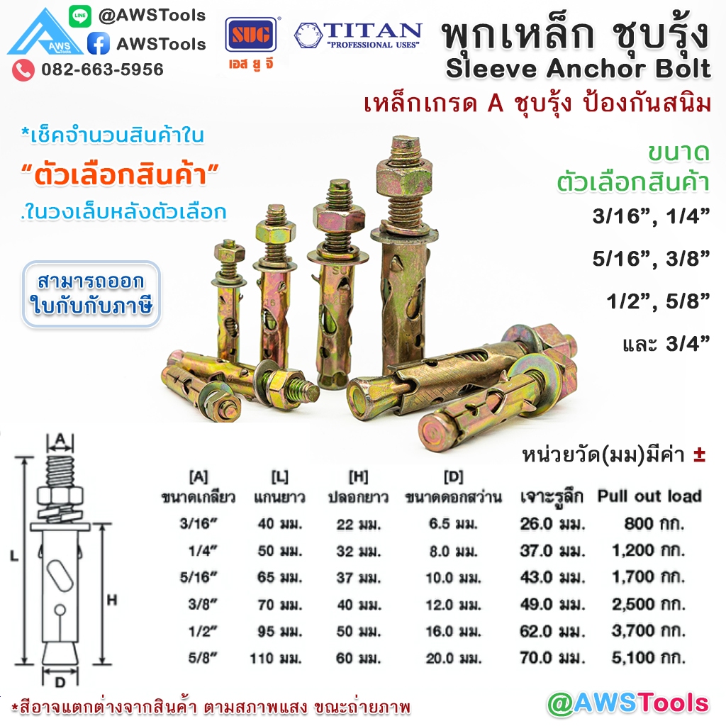 พุกเหล็ก ชุบรุ้ง หกเหลี่ยมมีเขี้ยว ขนาด 3/16", 1/4", 5/16", 3/8",1/2" และ 5/8" พุ๊ก ปุ๊ก Sleeve Anchor Bolt