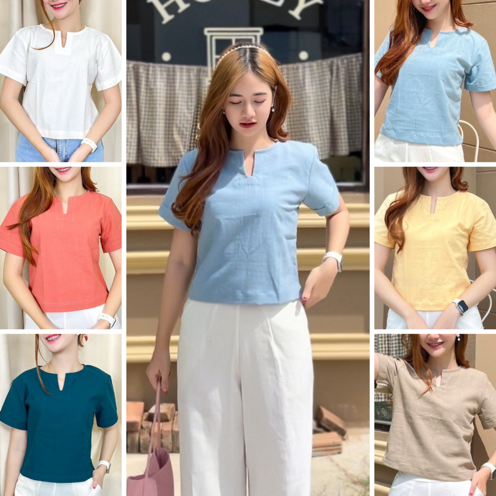เสื้อคอกลม แต่งแหวก แขนสั้น ใส่สวย สุภาพเรียบร้อย เนื้อผ้านุ่มใส่สบาย ผ้าฝ้าย ผู้หญิง Cotton Clothing