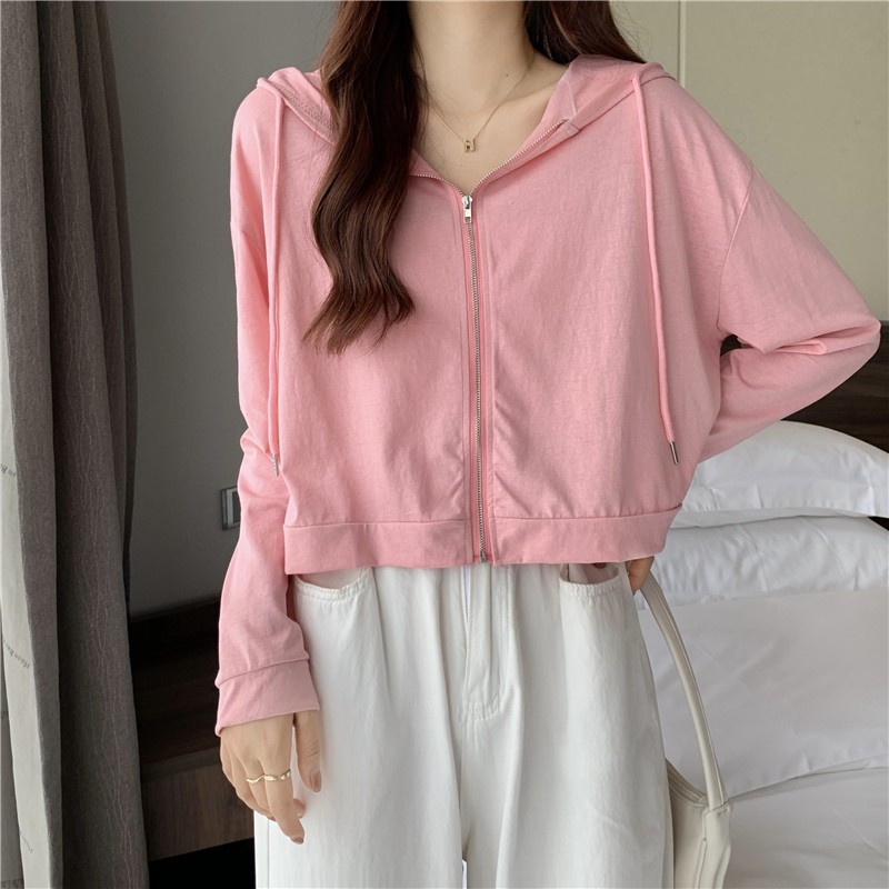 เสื้อคลุมแขนยาวผู้หญิงมีฮู้ด oversize เสื้อผ้าแฟชั่นสไตล์เกาหลี สวมใส่สบาย เสื้อกันแดด ครอปสีพื้น โอเวอร์ไซส์ น้ำหนักเบา รูปที่ 6