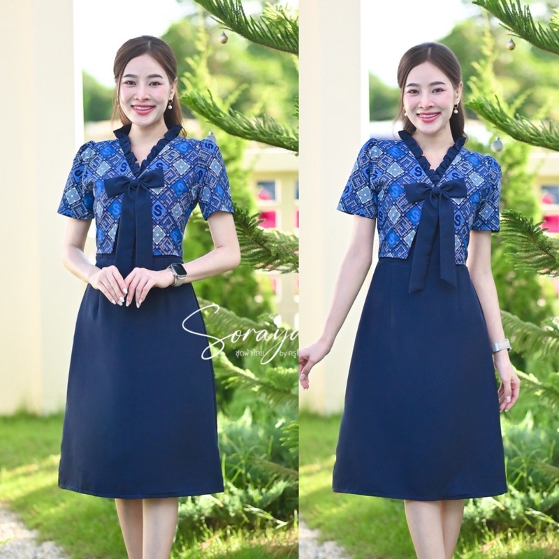 s-3xl เดรสผ้าฝ้ายแต่งโบว์กระโปรงหน้าผ้าบาร์บี้ทรงเอ
