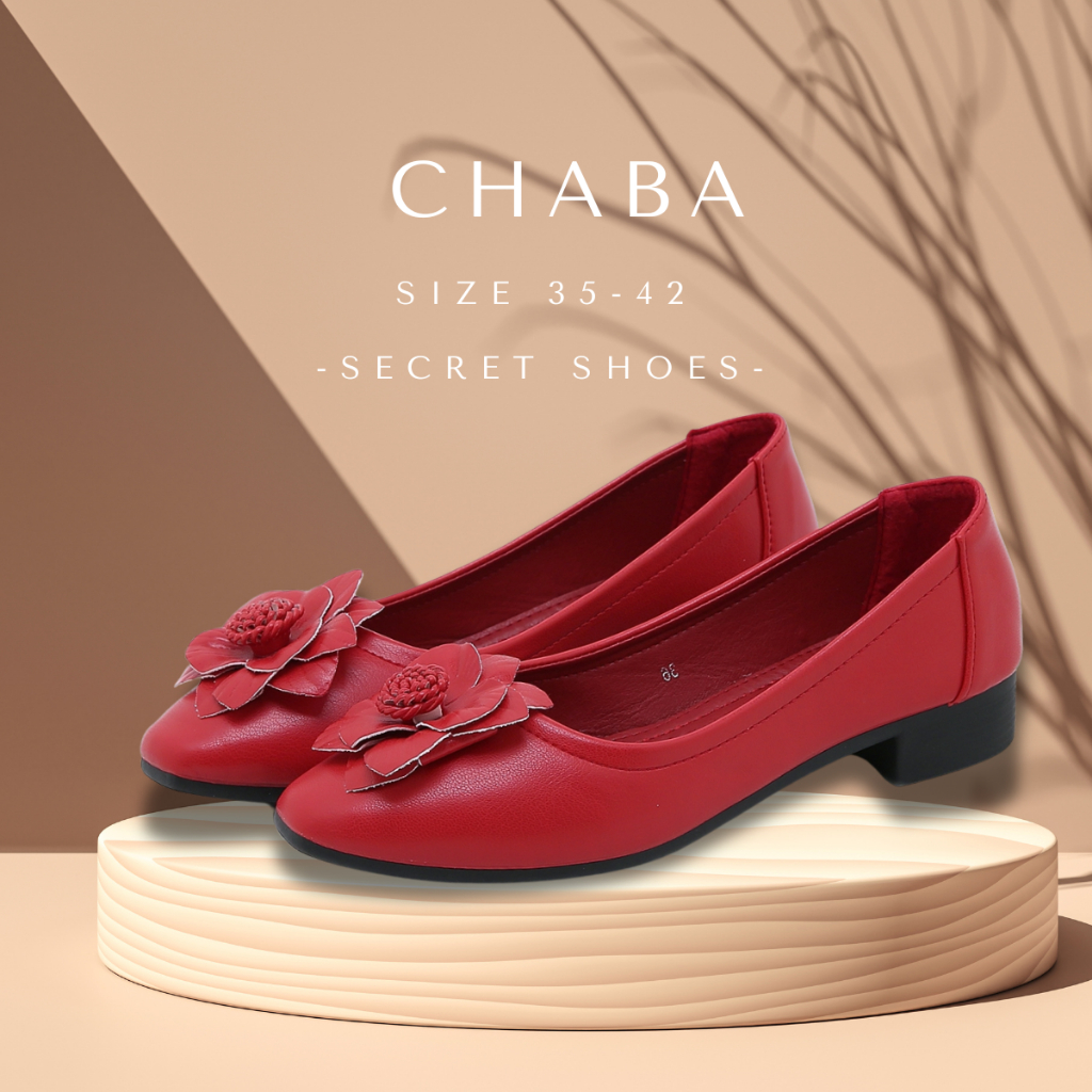Chaba-ชบา คัทชูส้น2 ซม.ประดับดอกไม้ งานหน้าเย็บติด เท้าปกติลดไซส์ เท้าใส่อวบตรงไซส์