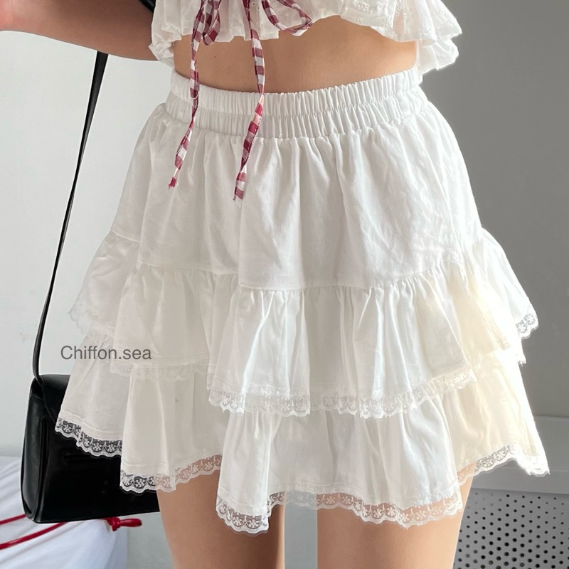 Chiffon.sea | Jeju skirt กระโปรงสั้น ระบายสองชั้น ขอบลูกไม้ มีซับใน (ลดเหลือ 230.- กดซื้อทาง shopee video)