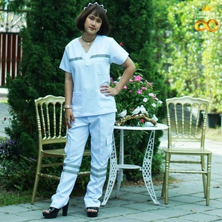 ชุด EMS สำเร็จรูปคอวี สีขาว ชุดบุคลากรณ์ทางการแพทย์ Scrub Suit ผ้าวาเลนติโน่ เกรดพรีเมี่ยม พร้อมส่ง ER Medical Scrub 🤍🤍🤍