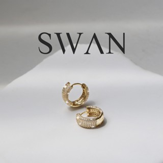 [ส่งด่วนฟรี]SWAN - Mini Pave Huggie Earring ต่างหูห่วงเงินแท…