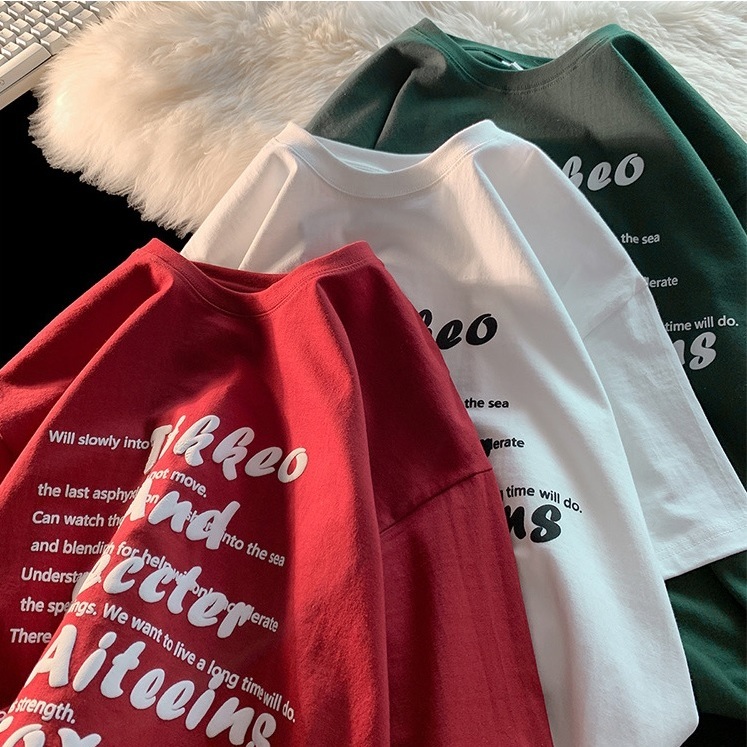 เสื้อยืดคอกลมลายตัวอักษรสีสันสดใส สไตล์สาวเกาหลี เสื้อระบายอากาศได้ดี พร้อมส่งทุกสี
