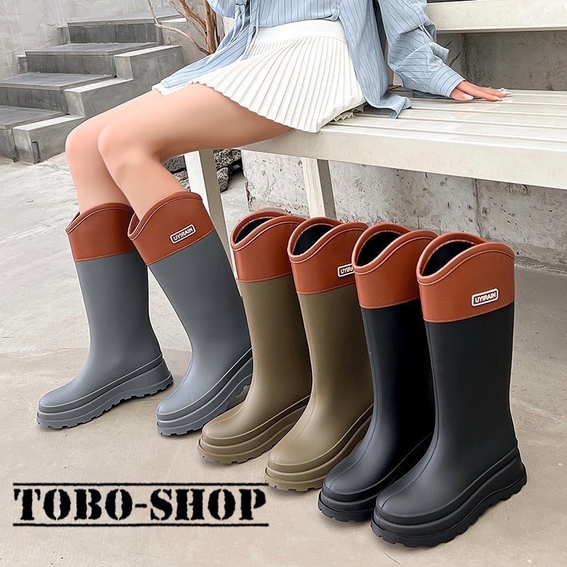พร้อมส่งจากไทย【S480】รองเท้าบูทกันฝนผู้หญิง High-Top Slimmer ดูแฟชั่น กันน้ำด้านนอก TOBO