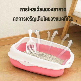 กระบะทราย กระบะทรายแมว ห้องน้ำแมว รุ่นขอบสูงมีตะแกรงดักทราย ​พร้อมที่ตักทราย ห้องน้ำแมว กระบะแมว