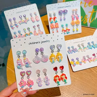 ต่างหูหนีบ เซ็ต 6 คู่ 12 ชิ้น ต่างหูเด็ก ลายการ์ตูนน่ารัก สายรุ้ง ต่างหูแบบหนีบ